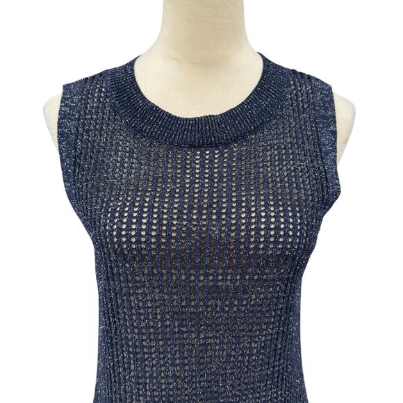W by Worth Dark Navy Open Knit Silver Metallic Sparkle Tunic Tank Sleeveless Top - Picture 4 of 12